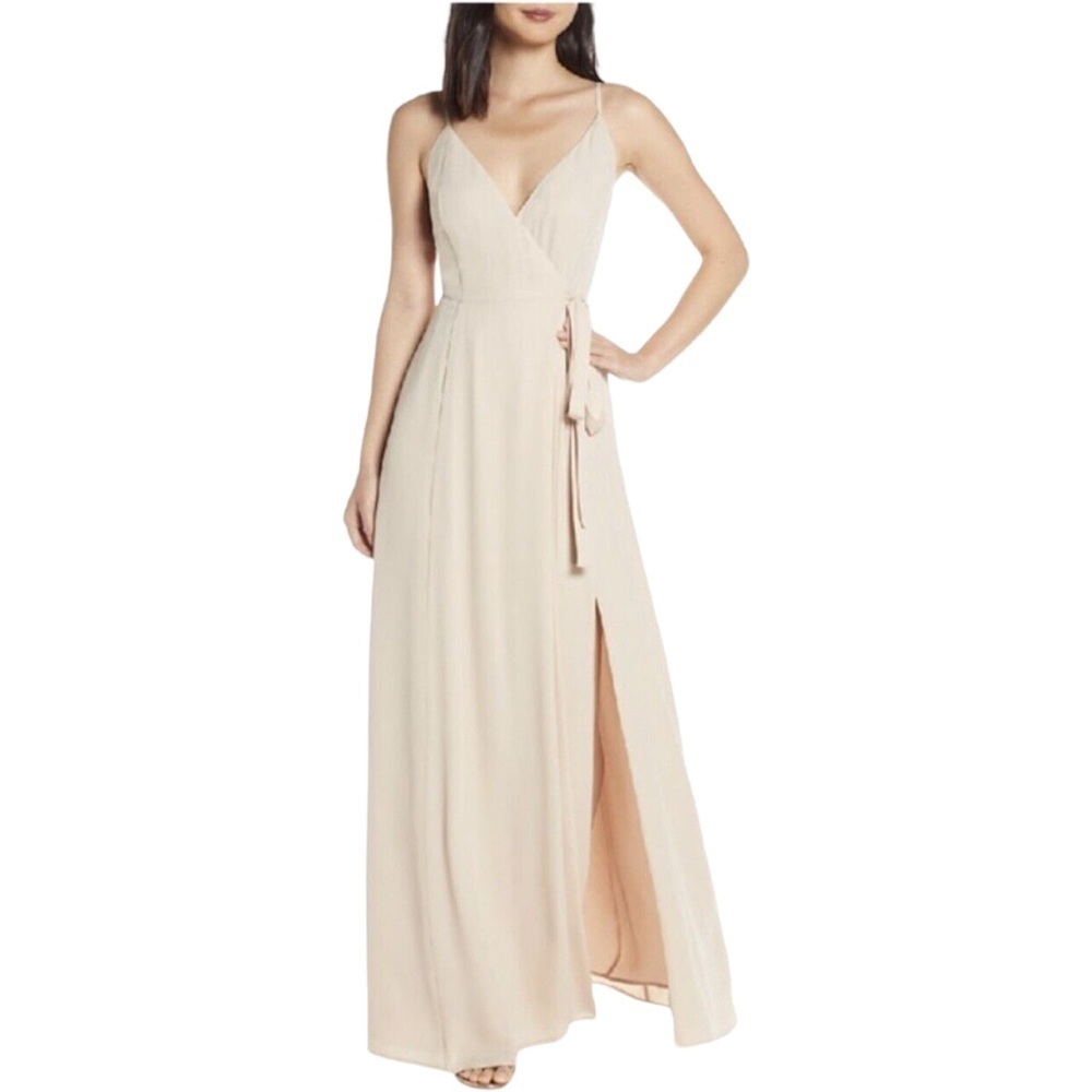 WAYF The Angelina Slit Wrap Gown in tan